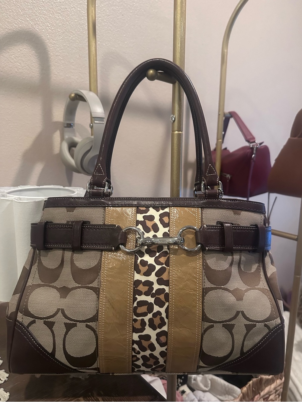Coach Brown & Tan Signature Satchel with Leopard Accent